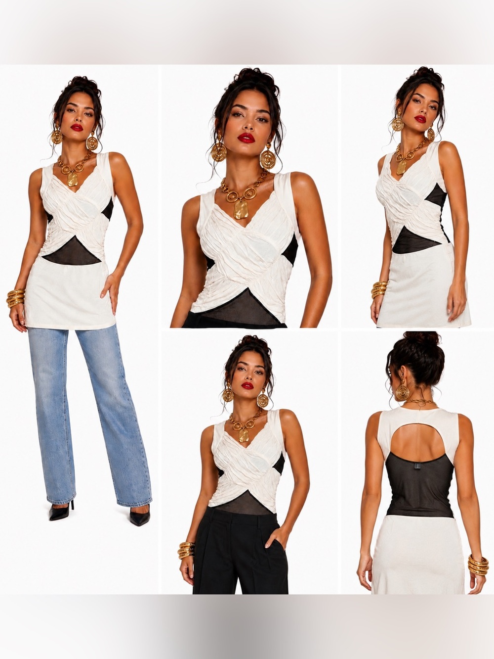 Charlotte Russe White Ruched Mesh Tunic Top Womens SZ M Bodycon Sleek Urban Chic